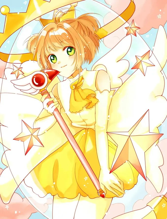 カードキャプターさがの木之本桜が魔法の杖を持ち、笑顔で立っているイラスト